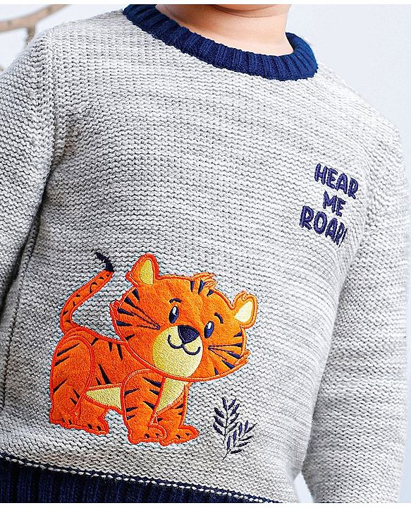 Babyhug Full Sleeves Pull Over Sweater Tiger Embroidery - Grey