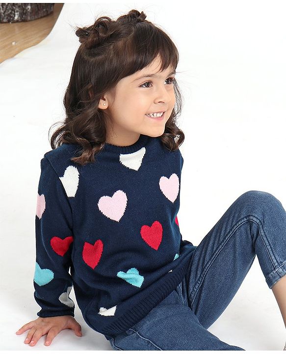 Babyhug Full Sleeves Jacquard Sweater Heart Design - Navy Blue
