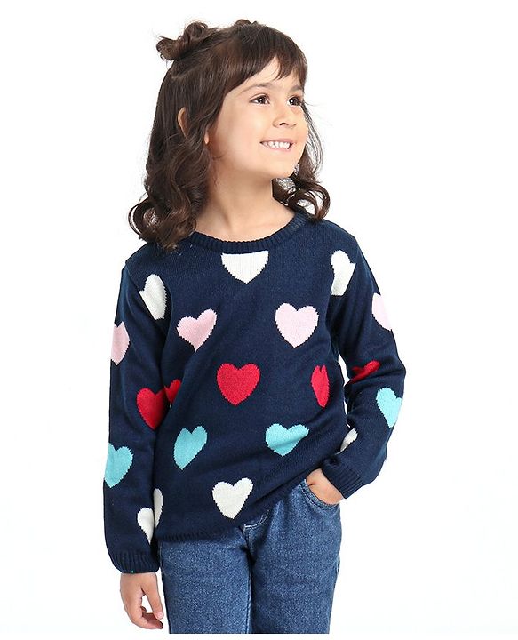 Babyhug Full Sleeves Jacquard Sweater Heart Design - Navy Blue