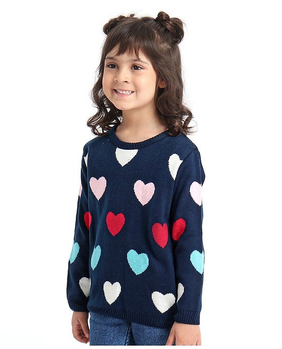 Babyhug Full Sleeves Jacquard Sweater Heart Design - Navy Blue