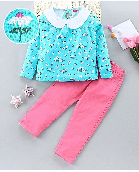 Babyhug Full Sleeves Top & Full Length Jeans - Blue Pink