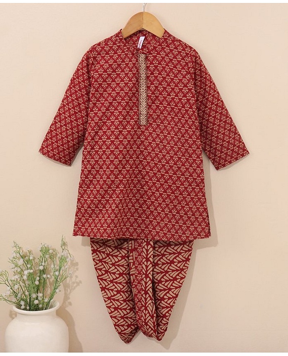 Babyhug Full Sleeves Kurta and Dhoti Set - Maroon Beige