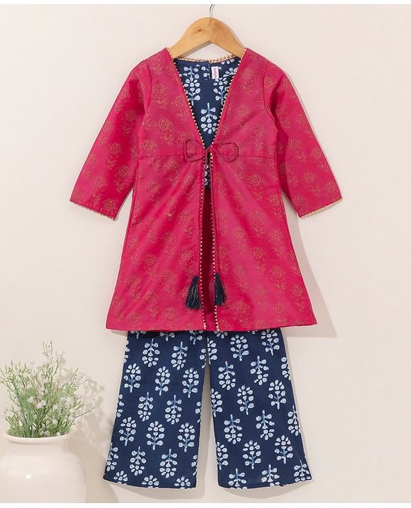 Babyhug Full Sleeves Top and Palazzo Pant with Shrug - Blue Pink