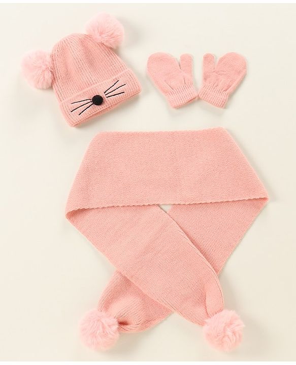 Babyhug Woollen Cap with Muffler Pink - Diameter 9 cm