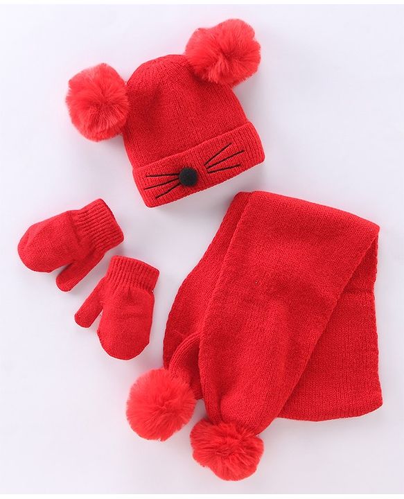 Babyhug Woollen Cap with Muffler - Red