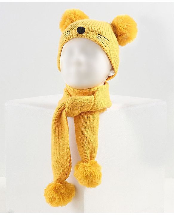 Babyhug Woollen Cap with Muffler Yellow - Diameter 11 cm