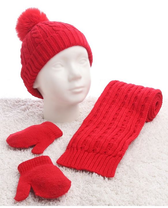Babyhug Woollen Cap with Muffler Set Red - Diameter 9 cm