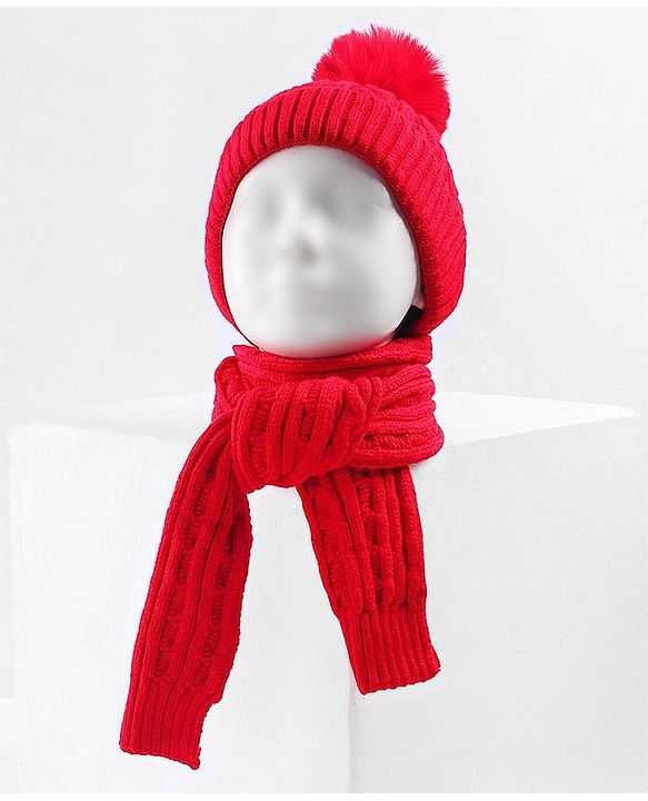 Babyhug Woollen Cap with Muffler Set Red - Diameter 11 cm