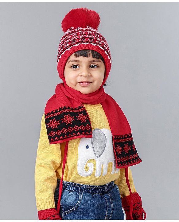 Babyhug Woolen Cap, Mittens and Scarf Red - Cap Diameter 9. 5 cm
