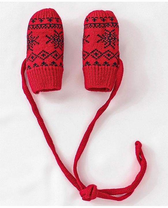 Babyhug Woolen Cap, Mittens and Scarf Red - Cap Diameter 9. 5 cm