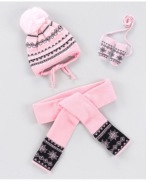 Babyhug Woollen Jacuard Cap with Scarf Yellow - Diameter 7 cm