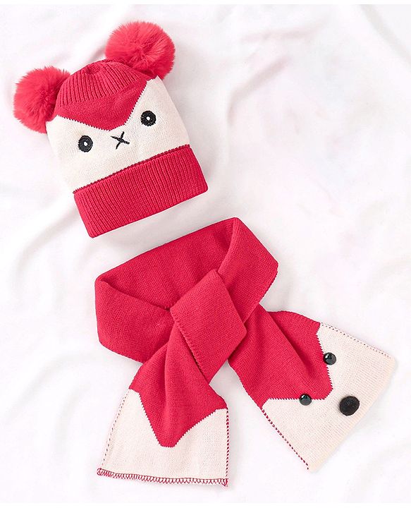 Babyhug Woollen Cap and Muffler Set Red - Diameter 9 cm