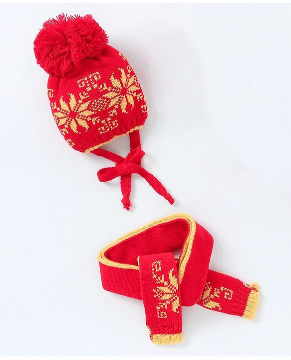 Babyhug Woollen Cap with Muffler & Mittens Red - Diameter 7 cm