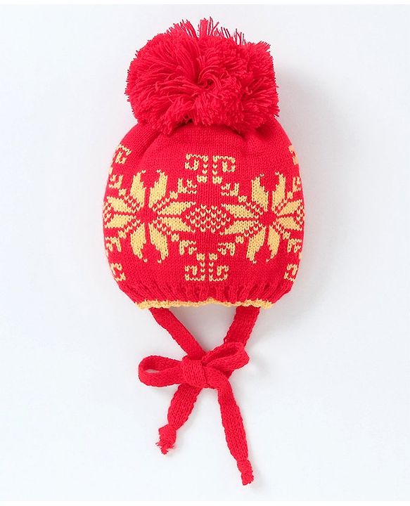 Babyhug Woollen Cap with Muffler & Mittens Red - Diameter 7 cm