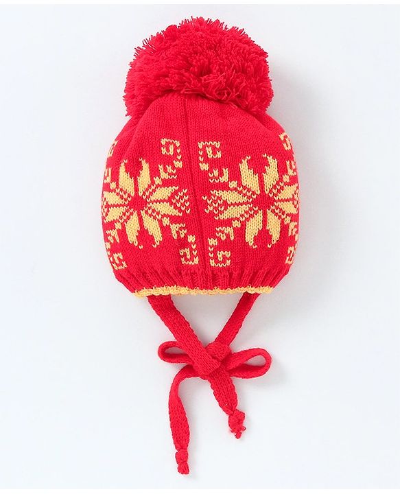 Babyhug Woollen Cap with Muffler & Mittens Red - Diameter 7 cm