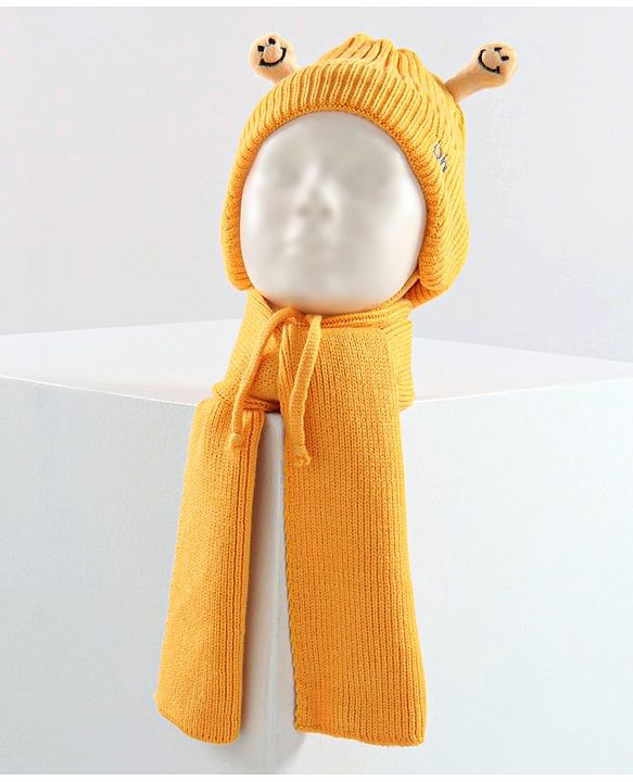 Babyhug Cable Knit Cap with Muffler and MIttens - Yellow