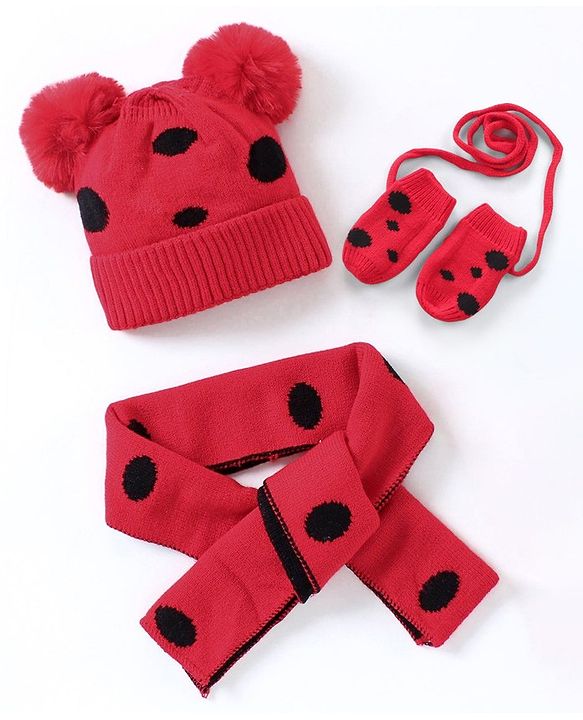 Babyhug Woollen Cap with Muffler Red - Diameter 10 cm