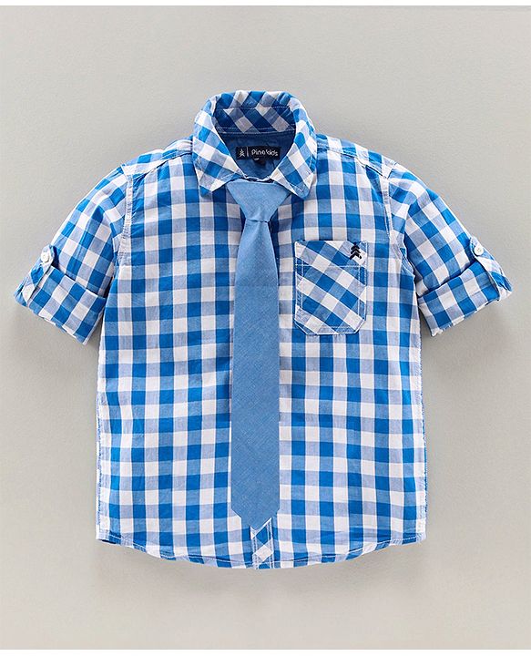 Pine Kids Full Sleeves Check Shirt With Tie  - Blue