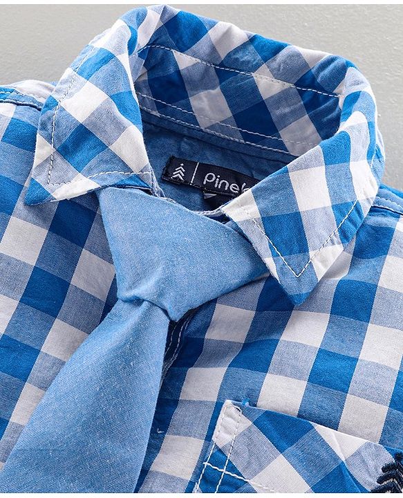 Pine Kids Full Sleeves Check Shirt With Tie  - Blue