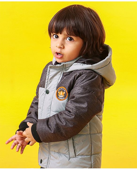 Babyhug Full Sleeves Hooded Padded Jacket Tiger Embroidery - Grey