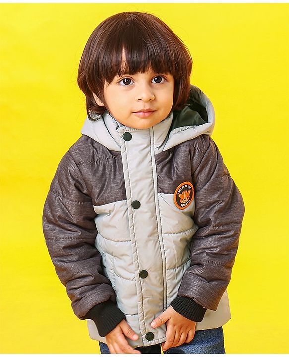 Babyhug Full Sleeves Hooded Padded Jacket Tiger Embroidery - Grey