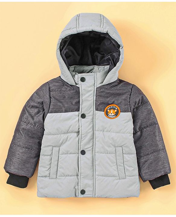 Babyhug Full Sleeves Hooded Padded Jacket Tiger Embroidery - Grey