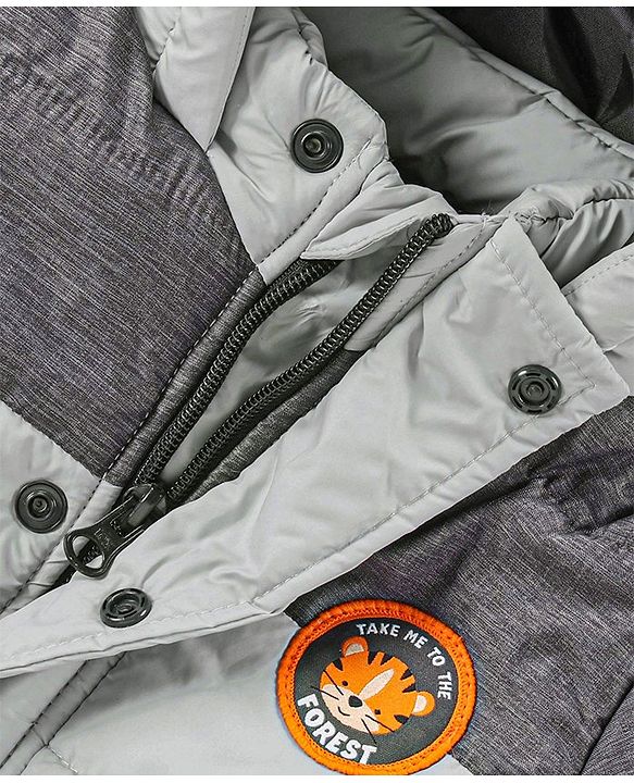 Babyhug Full Sleeves Hooded Padded Jacket Tiger Embroidery - Grey