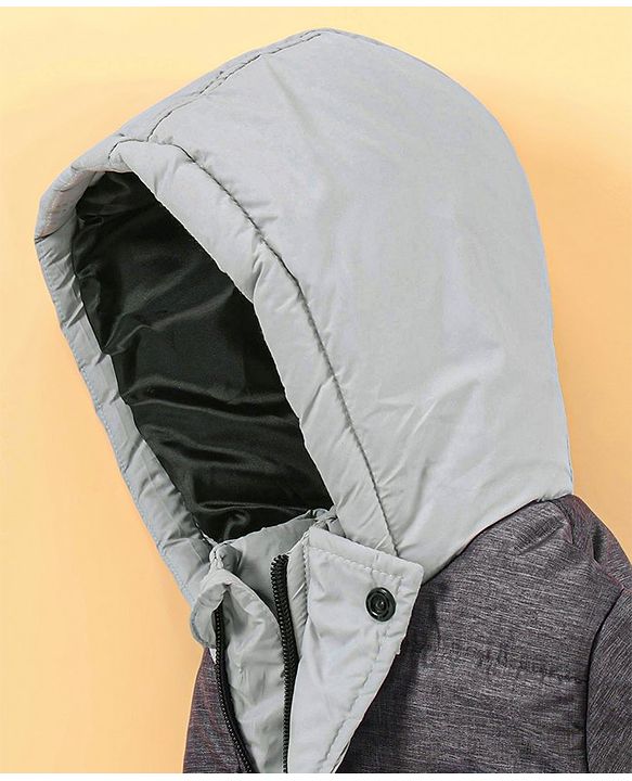 Babyhug Full Sleeves Hooded Padded Jacket Tiger Embroidery - Grey