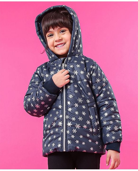 Babyhug Full Sleeves Hooded Padded Jacket Snowflakes Print - Navy Blue