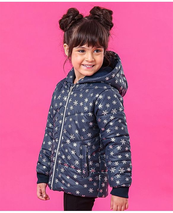 Babyhug Full Sleeves Hooded Padded Jacket Snowflakes Print - Navy Blue