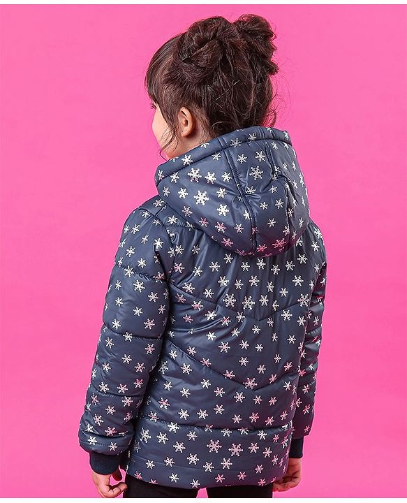 Babyhug Full Sleeves Hooded Padded Jacket Snowflakes Print - Navy Blue