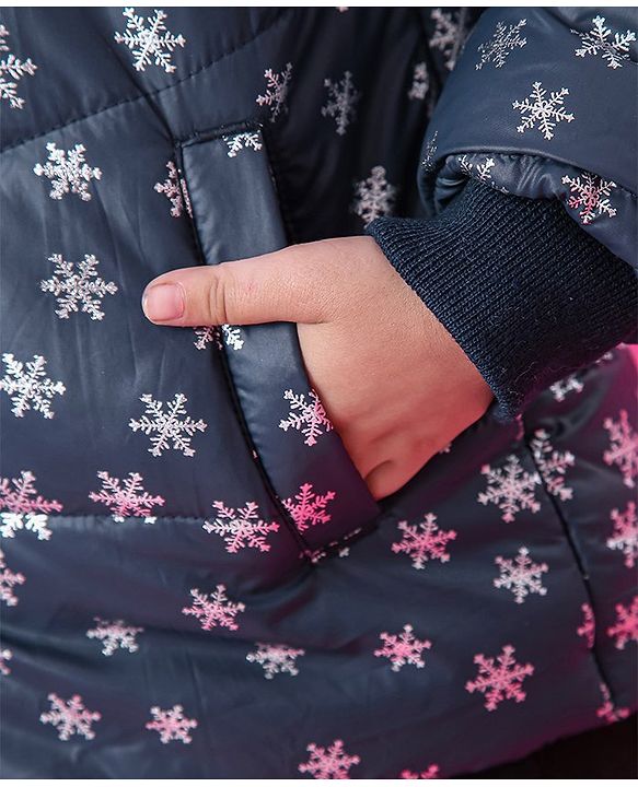Babyhug Full Sleeves Hooded Padded Jacket Snowflakes Print - Navy Blue