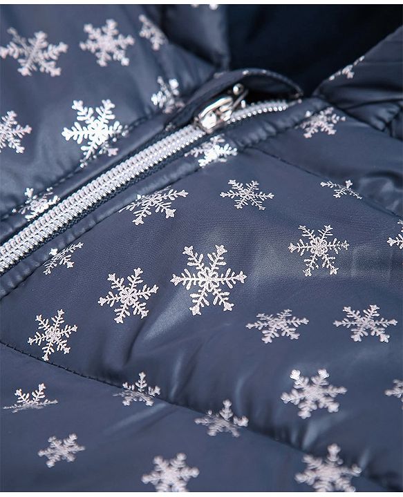 Babyhug Full Sleeves Hooded Padded Jacket Snowflakes Print - Navy Blue