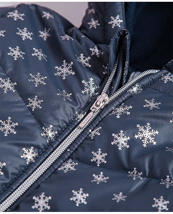 Babyhug Full Sleeves Hooded Padded Jacket Snowflakes Print - Navy Blue