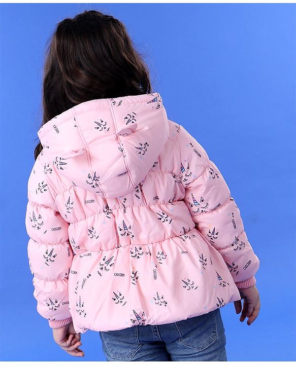 Babyhug Hooded Full Sleeves Padded Jacket with 3D Ears - Pink