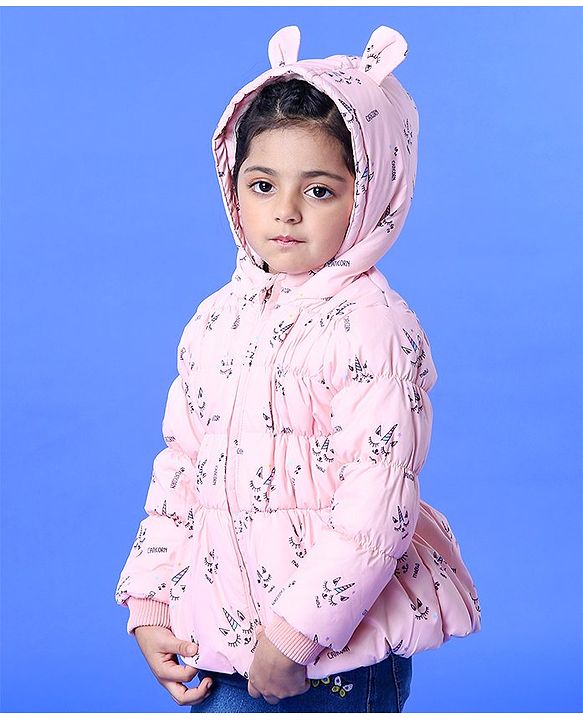 Babyhug Hooded Full Sleeves Padded Jacket with 3D Ears - Pink