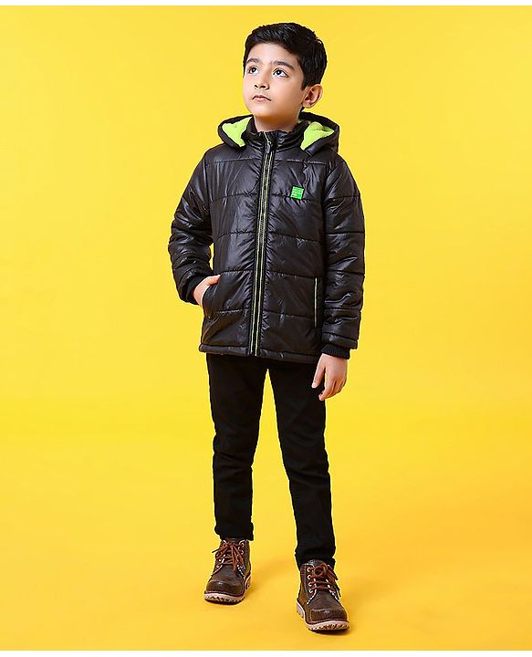 Babyhug Full Sleeves Hooded Quilted Jacket - Black