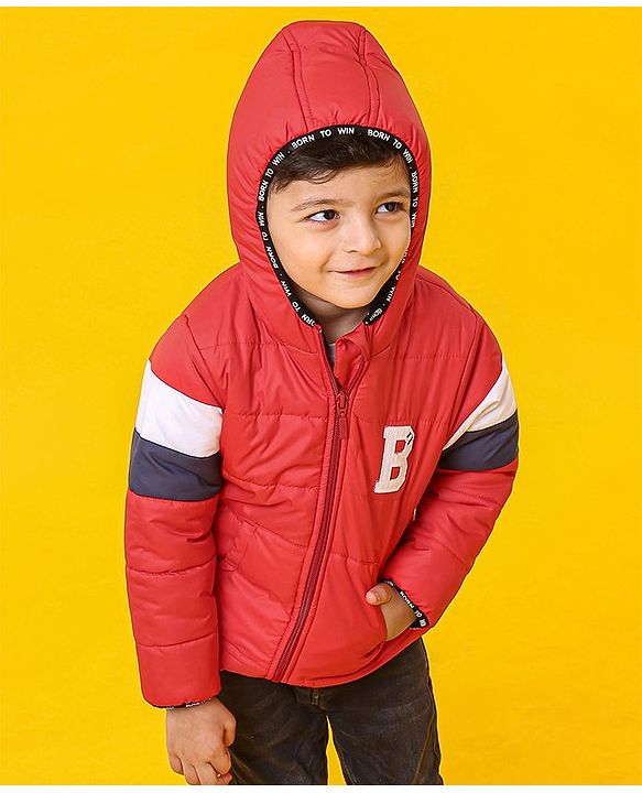 Babyhug Full Sleeves Hooded Padded Jacket Alphabet B Patch - Red
