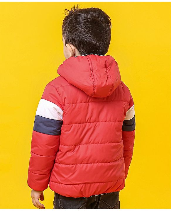 Babyhug Full Sleeves Hooded Padded Jacket Alphabet B Patch - Red