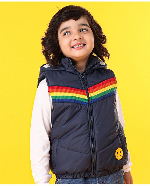 Babyhug Sleeveless Striped Jacket - Navy Blue