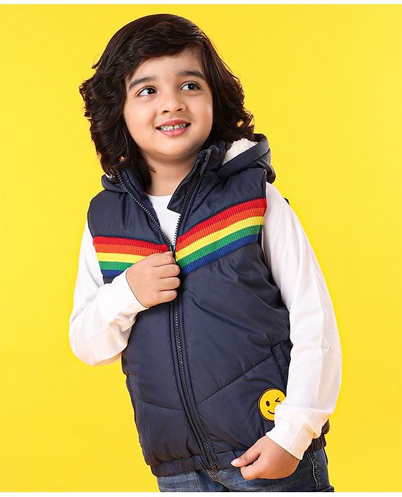 Babyhug Sleeveless Striped Jacket - Navy Blue