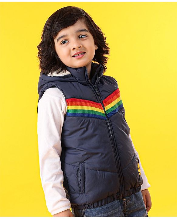 Babyhug Sleeveless Striped Jacket - Navy Blue