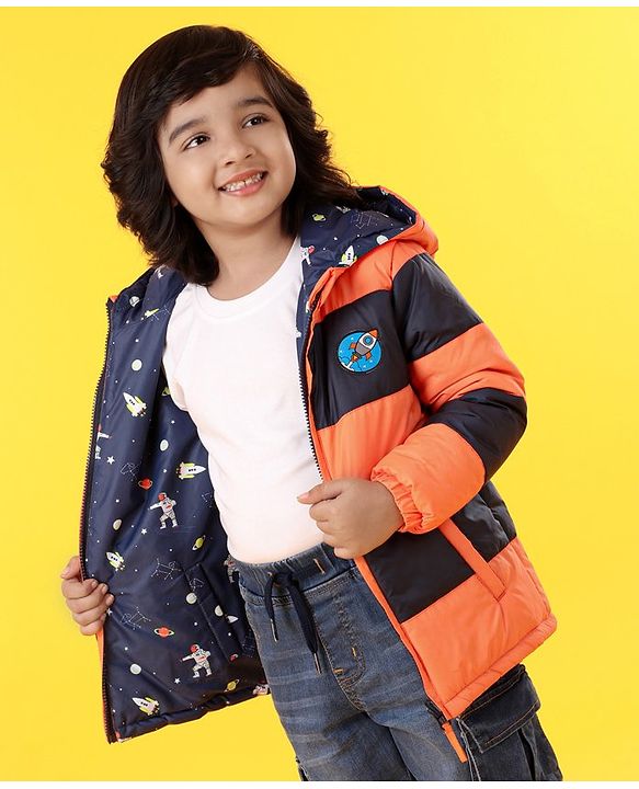 Babyhug Hooded Full Sleeves Reversible Padded Jacket - Navy Orange