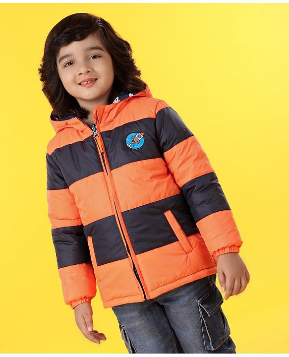 Babyhug Hooded Full Sleeves Reversible Padded Jacket - Navy Orange