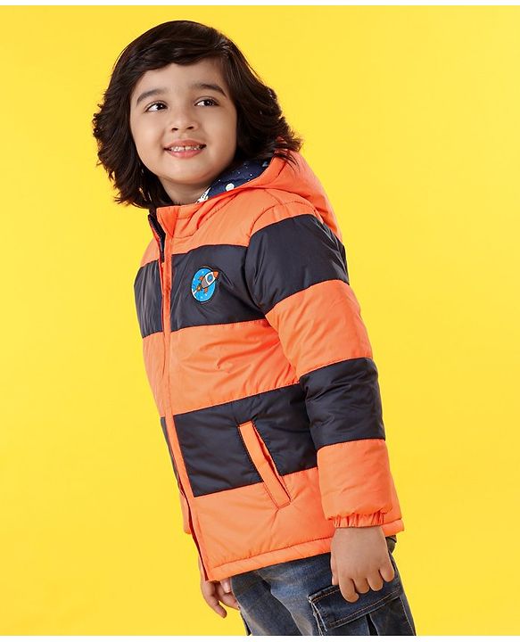 Babyhug Hooded Full Sleeves Reversible Padded Jacket - Navy Orange