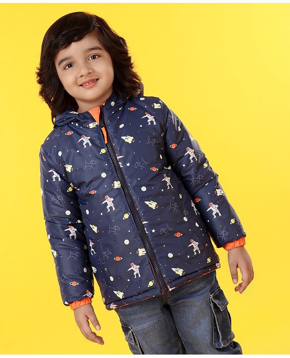 Babyhug Hooded Full Sleeves Reversible Padded Jacket - Navy Orange