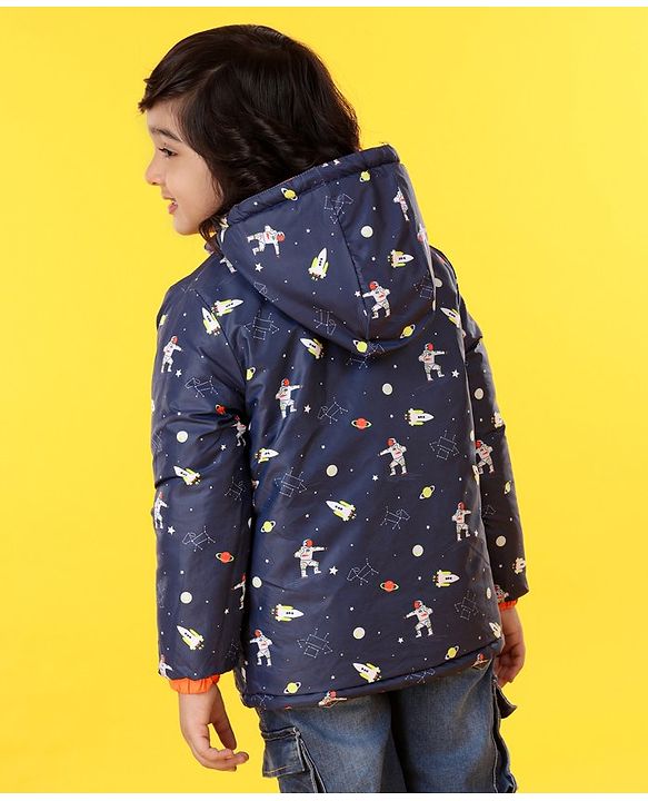 Babyhug Hooded Full Sleeves Reversible Padded Jacket - Navy Orange