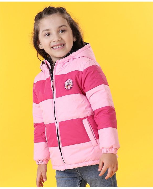 Babyhug Reversible Full Sleeves Printed Hooded Jacket - Pink