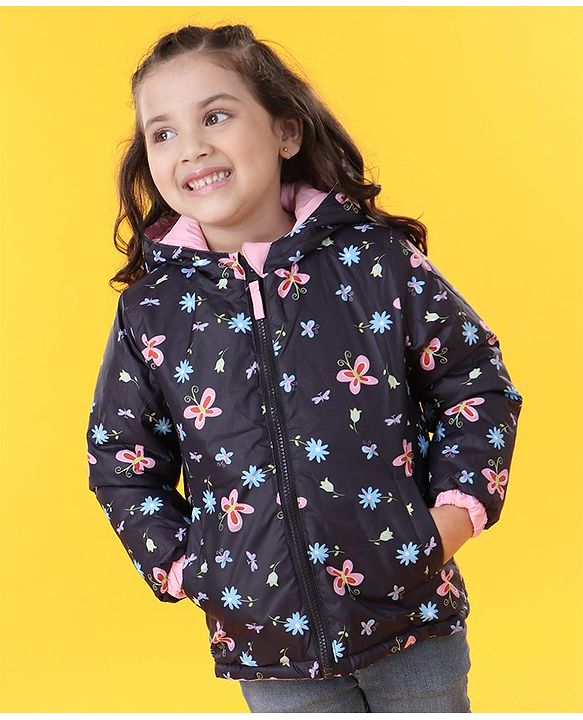 Babyhug Reversible Full Sleeves Printed Hooded Jacket - Pink
