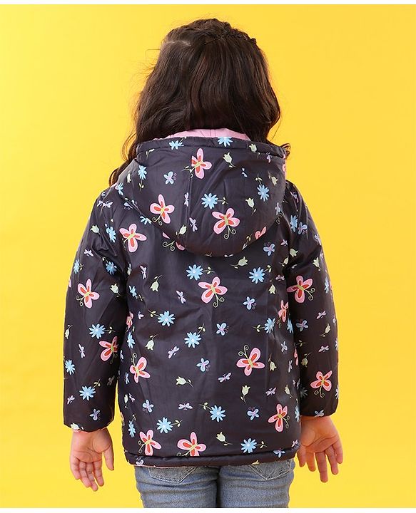 Babyhug Reversible Full Sleeves Printed Hooded Jacket - Pink
